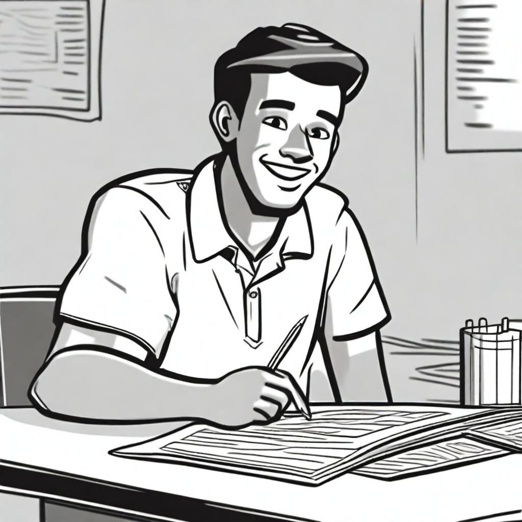 A closeup black and white drawing of a happy high school student writing an economics essay