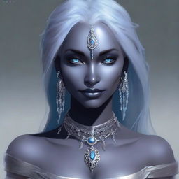 A portrait of an elegant drow dancer with grey ash skin