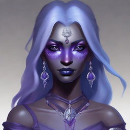 A portrait of an elegant drow dancer and sword wielder with grey ash purple skin