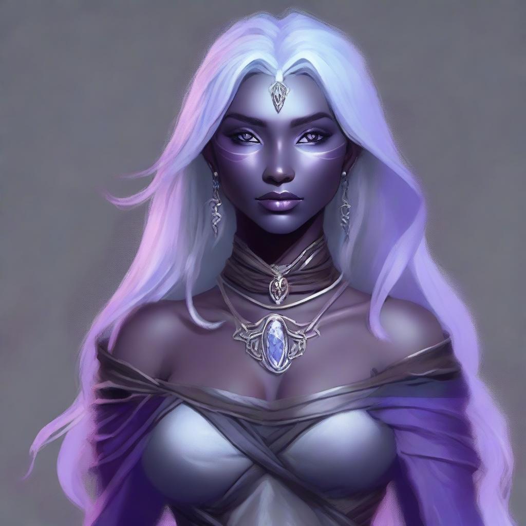 A portrait of an elegant drow dancer and sword wielder with grey ash purple skin