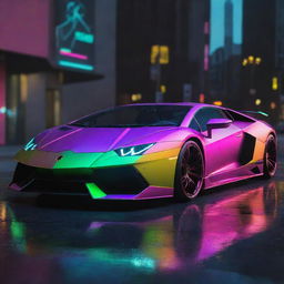 A Lamborghini designed in electropunk style, highlighting vibrant neon colors, futuristic electrified elements, and a high-tech aesthetic.