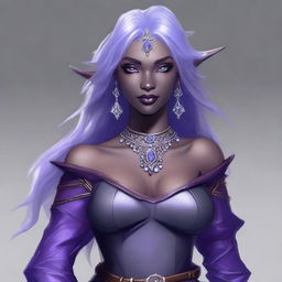 A portrait of an elegant drow dancer and sword wielder with grey ash purple skin