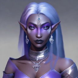 A portrait of an elegant drow dancer and sword wielder with grey ash purple skin