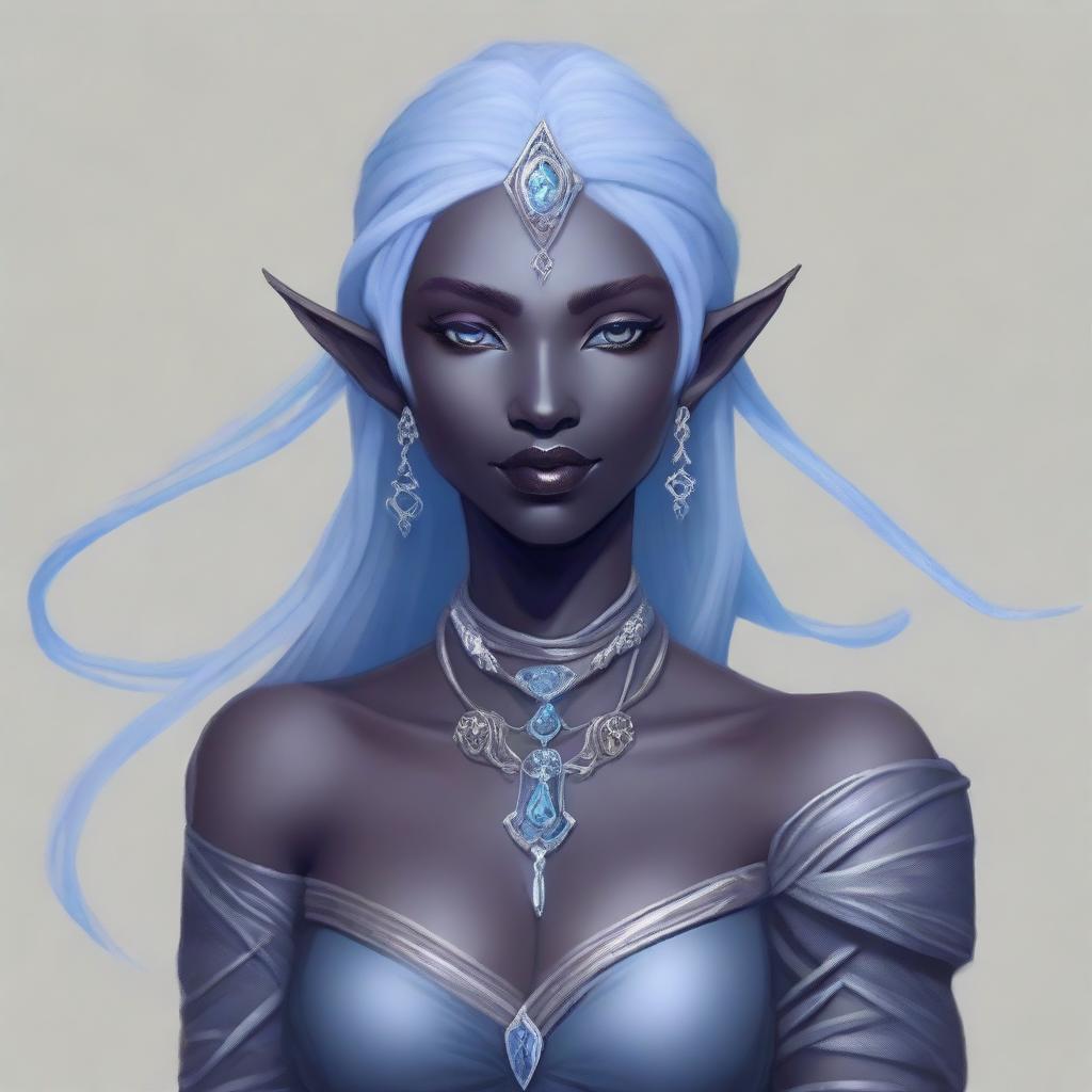 A portrait of an elegant drow dancer and sword wielder with grey ash skin