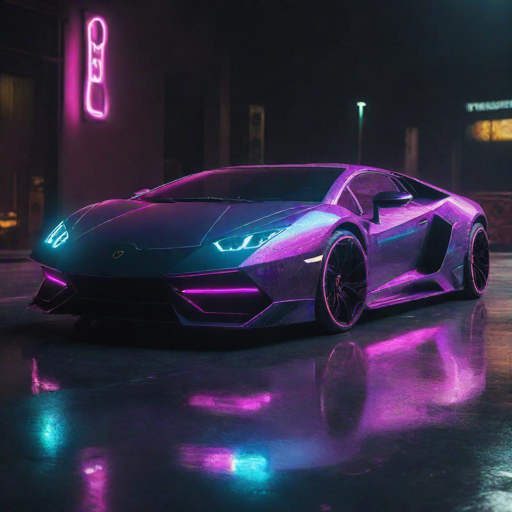 A Lamborghini designed in electropunk style, highlighting vibrant neon colors, futuristic electrified elements, and a high-tech aesthetic.