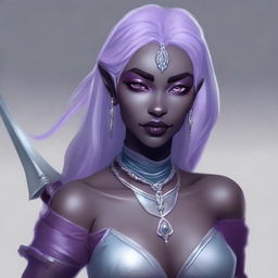 A portrait of an elegant drow dancer and sword wielder with grey ash purple skin