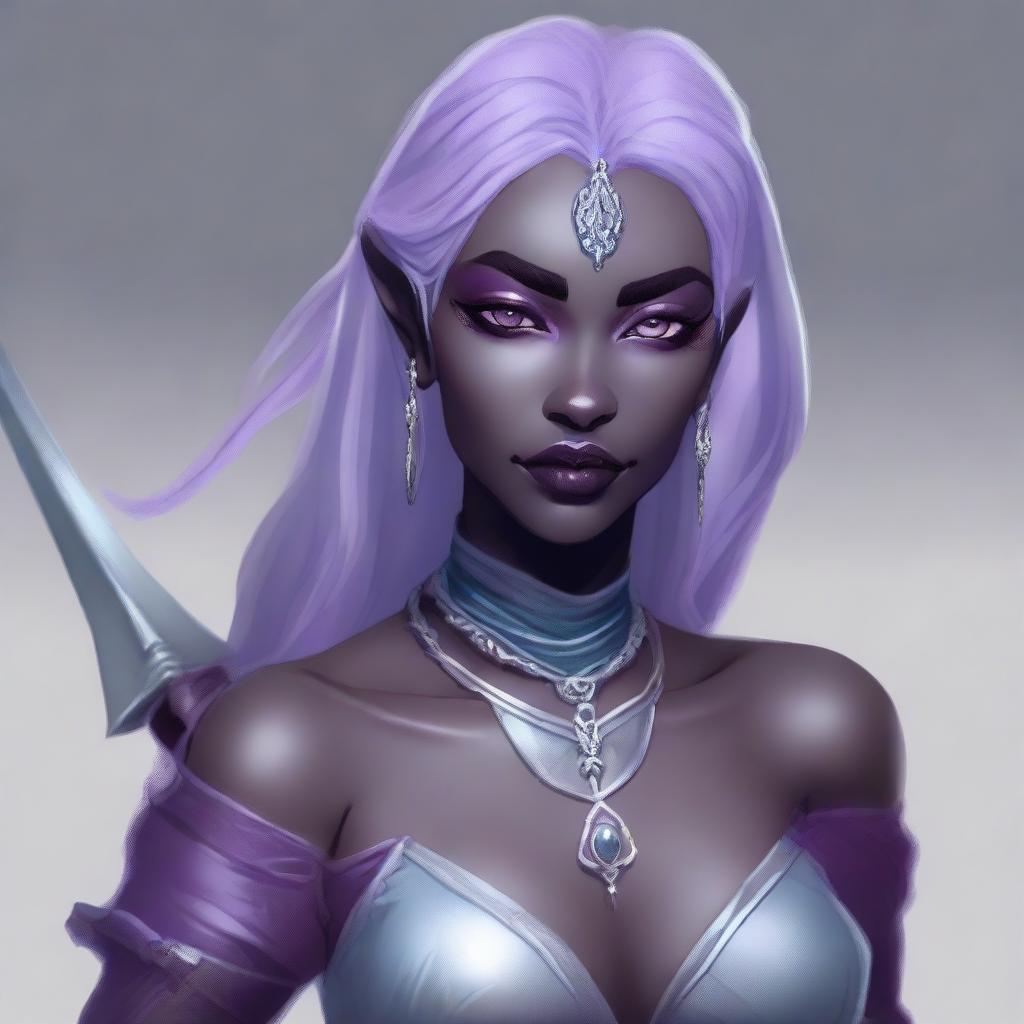 A portrait of an elegant drow dancer and sword wielder with grey ash purple skin