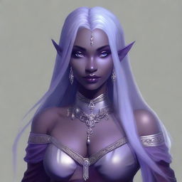 A portrait of an elegant drow dancer and sword wielder with grey ash purple skin