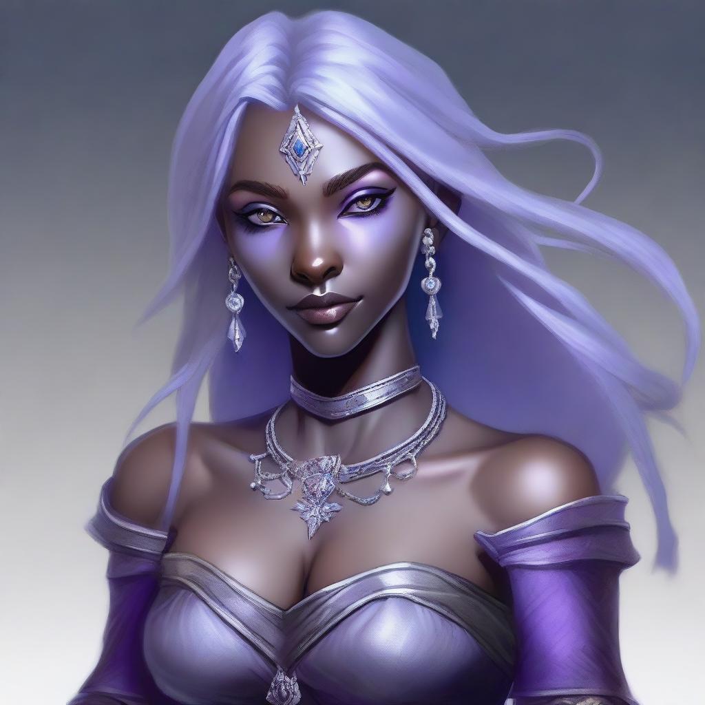 A portrait of an elegant drow dancer and sword wielder with grey ash purple skin