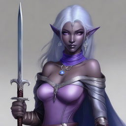 A portrait of an elegant drow dancer and sword wielder with grey ash purple skin