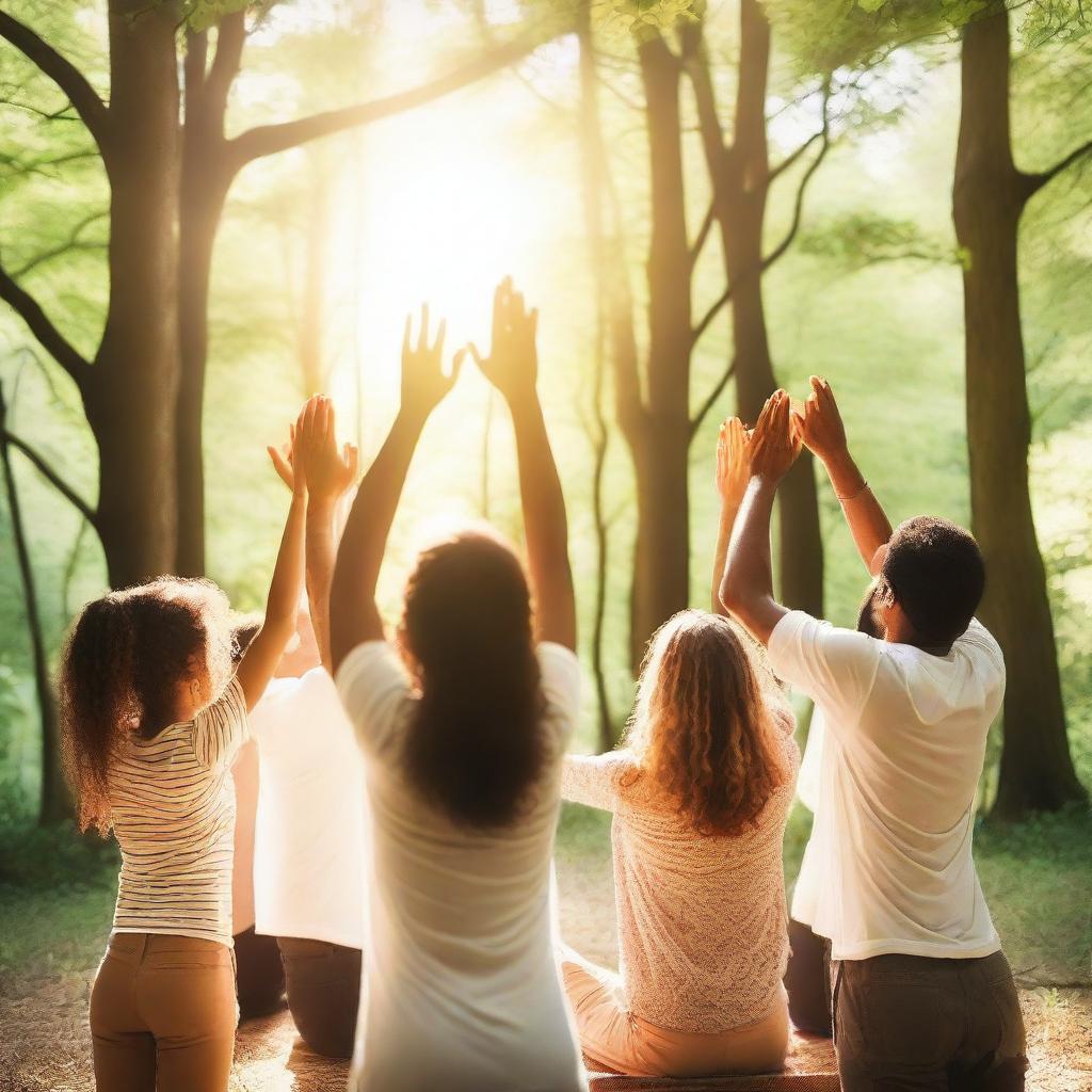 A group of people gathered in a serene and beautiful setting, with hands raised and eyes closed in worship and adoration to God