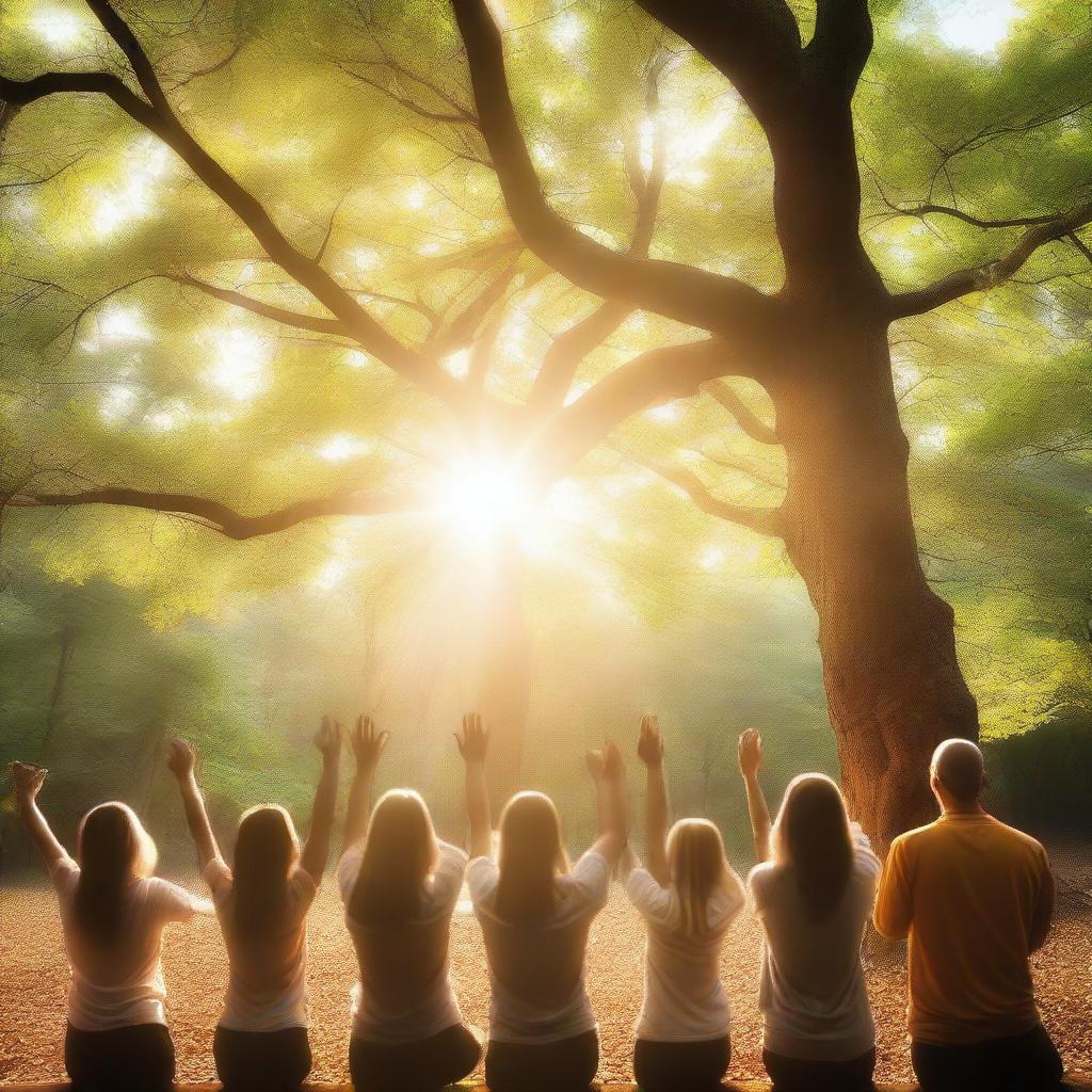 A group of people gathered in a serene and beautiful setting, with hands raised and eyes closed in worship and adoration to God