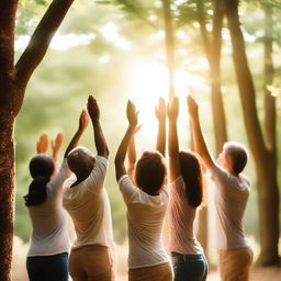 A group of people gathered in a serene and beautiful setting, with hands raised and eyes closed in worship and adoration to God