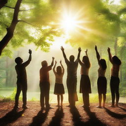 A group of people gathered in a serene and beautiful setting, with hands raised and eyes closed in worship and adoration to God