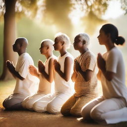 A group of people kneeling in prayer, showing deep reverence and devotion to God