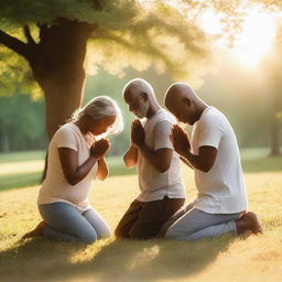 A group of people kneeling in prayer, showing deep reverence and devotion to God