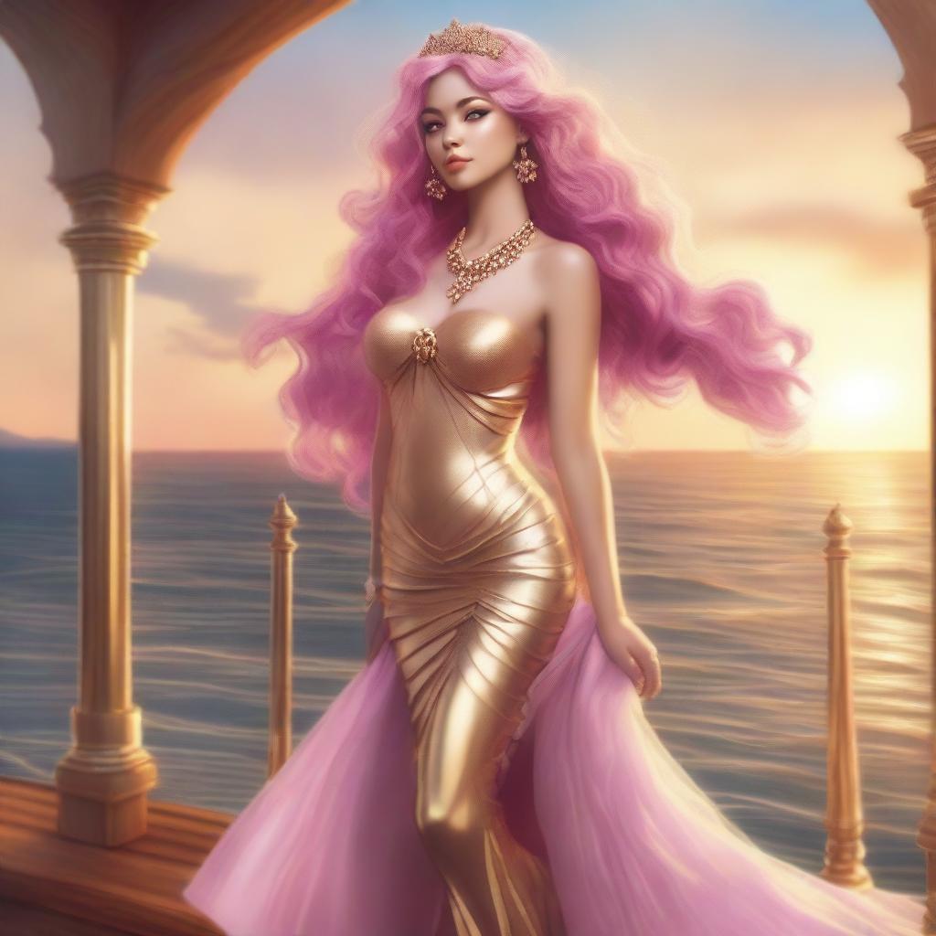 Zafrina Malum, a mermaid with wavy pink hair down to her waist, wearing a golden dress and white high heels, standing on a wooden balcony