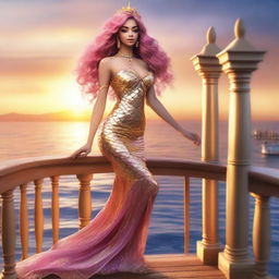 Zafrina Malum, a mermaid with wavy pink hair down to her waist, wearing a golden dress and white high heels, standing on a wooden balcony