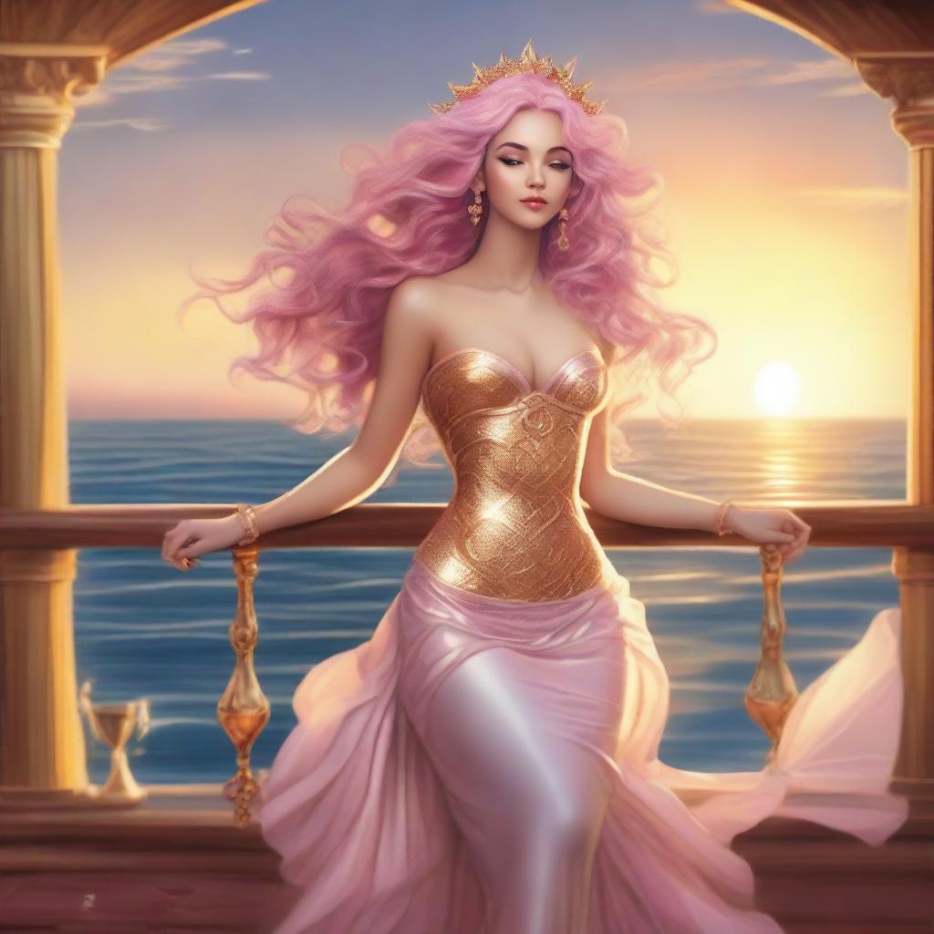 Zafrina Malum, a mermaid with wavy pink hair down to her waist, wearing a golden dress and white high heels, standing on a wooden balcony