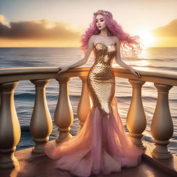 Zafrina Malum, a mermaid with wavy pink hair down to her waist, wearing a golden dress and white high heels, standing on a wooden balcony