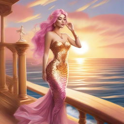 Zafrina Malum, a mermaid with wavy pink hair down to her waist, wearing a golden dress and white high heels, standing on a wooden balcony