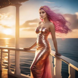 Zafrina Malum, a mermaid with wavy pink hair down to her waist, wearing a golden dress and white high heels, standing on a wooden balcony