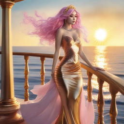 Zafrina Malum, a mermaid with wavy pink hair down to her waist, wearing a golden dress and white high heels, standing on a wooden balcony