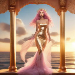 Zafrina Malum, a mermaid with wavy pink hair down to her waist, wearing a golden dress and white high heels, standing on a wooden balcony