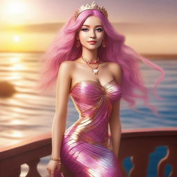 Zafrina Malum, a mermaid with waist-length wavy pink hair, a slightly rectangular face, and tanned skin