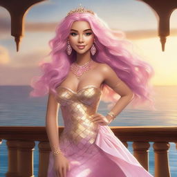 Zafrina Malum, a mermaid with waist-length wavy pink hair, a slightly rectangular face, and tanned skin