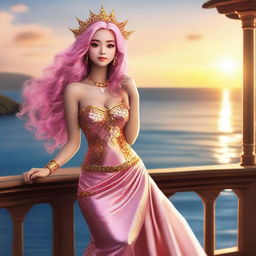 Zafrina Malum, a mermaid with waist-length wavy pink hair, a slightly rectangular face, and tanned skin