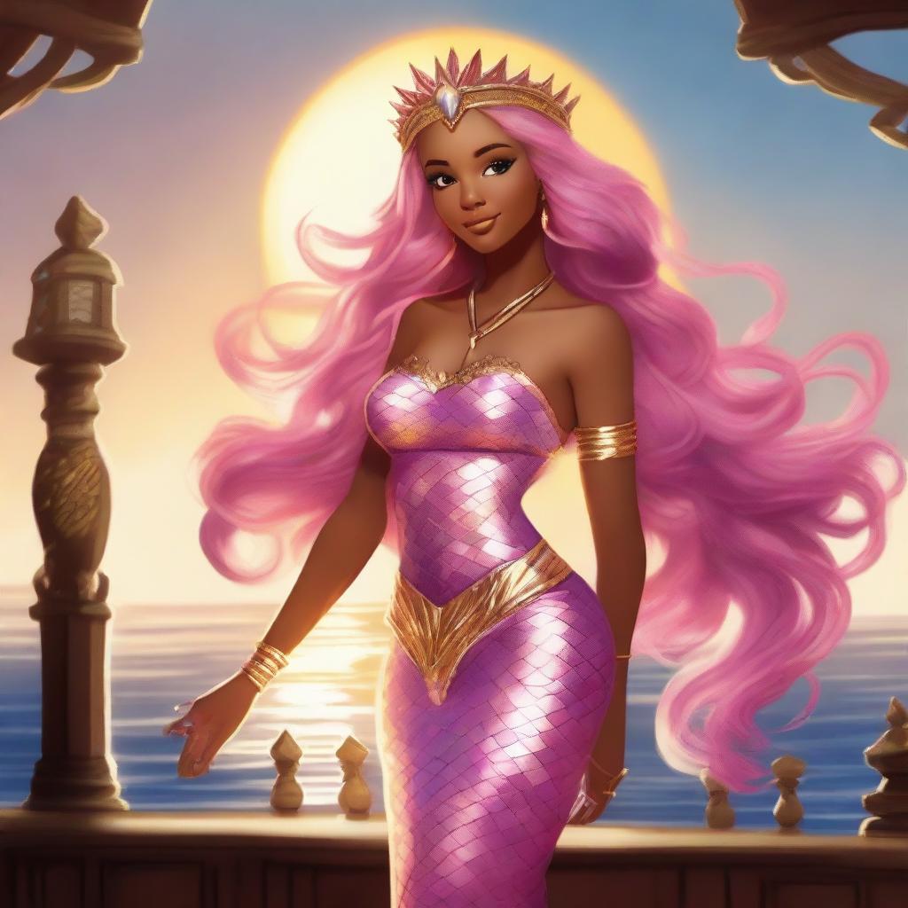 Zafrina Malum, a mermaid with long, wavy pink hair down to her waist, has a slightly rectangular face and bronzed skin