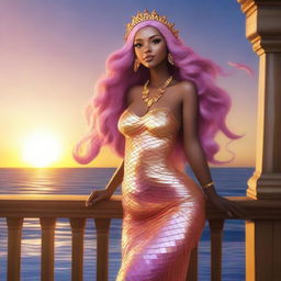 Zafrina Malum, a mermaid with long, wavy pink hair down to her waist, has a slightly rectangular face and bronzed skin