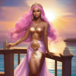 Zafrina Malum, a mermaid with long, wavy pink hair down to her waist, has a slightly rectangular face and bronzed skin