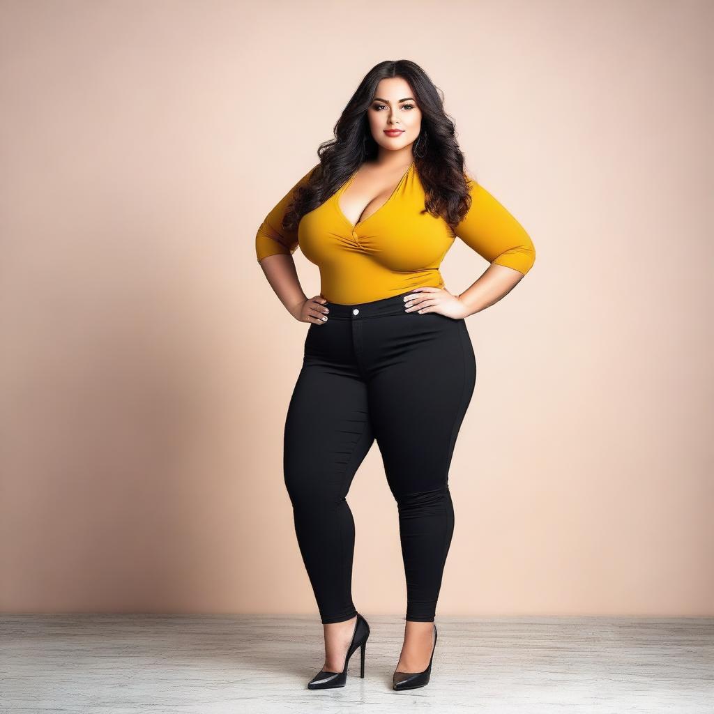 A confident and attractive model with a curvy figure