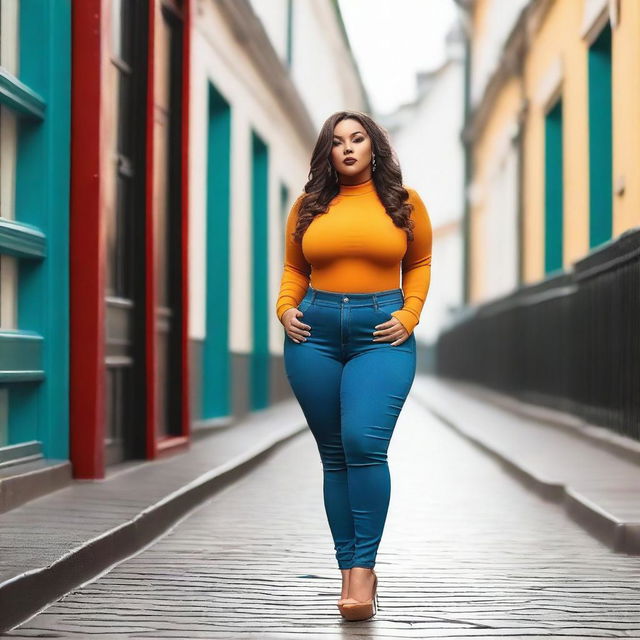 A confident and attractive model with a curvy figure, wearing an outfit inspired by the colors of London