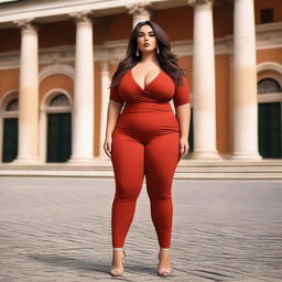 A confident and attractive model with a curvy figure, wearing an outfit inspired by the colors of Rome