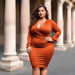 A confident and attractive model with a curvy figure, wearing an outfit inspired by the colors of Rome