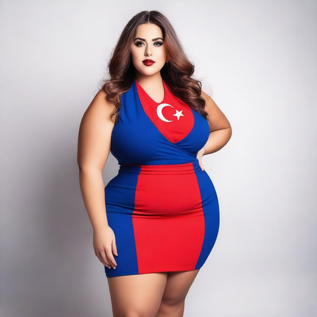 A confident and attractive model with a curvy figure, wearing an outfit inspired by the colors of the Turkish flag