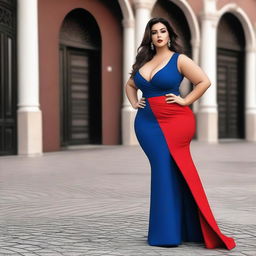 A confident and attractive model with a curvy figure, wearing an outfit inspired by the colors of the Turkish flag