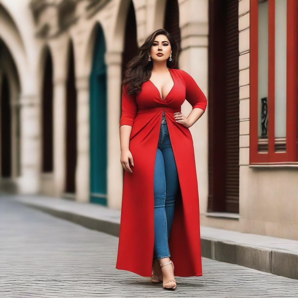 A confident and attractive model with a curvy figure, wearing an outfit inspired by the colors of the Turkish flag