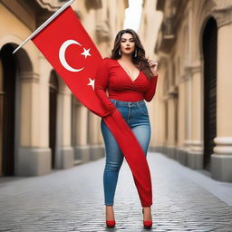 A confident and attractive model with a curvy figure, wearing an outfit inspired by the colors of the Turkish flag