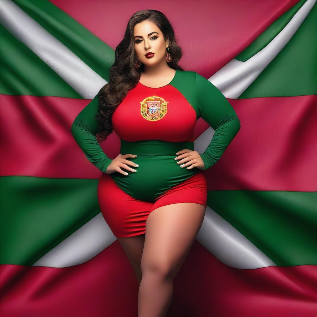 A confident and attractive model with a curvy figure, wearing an outfit inspired by the colors of the Portuguese flag