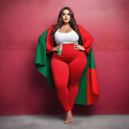 A confident and attractive model with a curvy figure, wearing an outfit inspired by the colors of the Portuguese flag