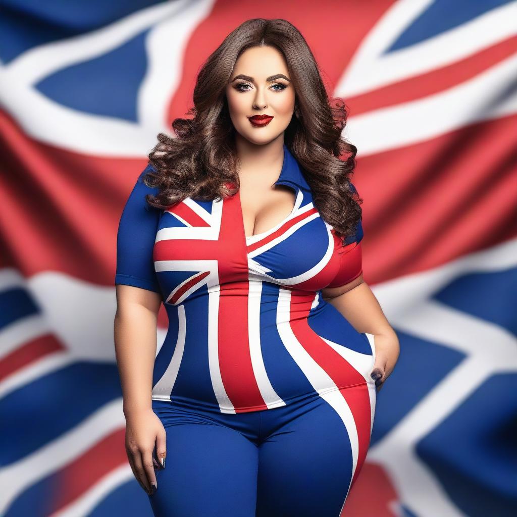 A confident and attractive model with a curvy figure, wearing an outfit inspired by the colors of the UK flag