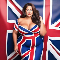 A confident and attractive model with a curvy figure, wearing an outfit inspired by the colors of the UK flag