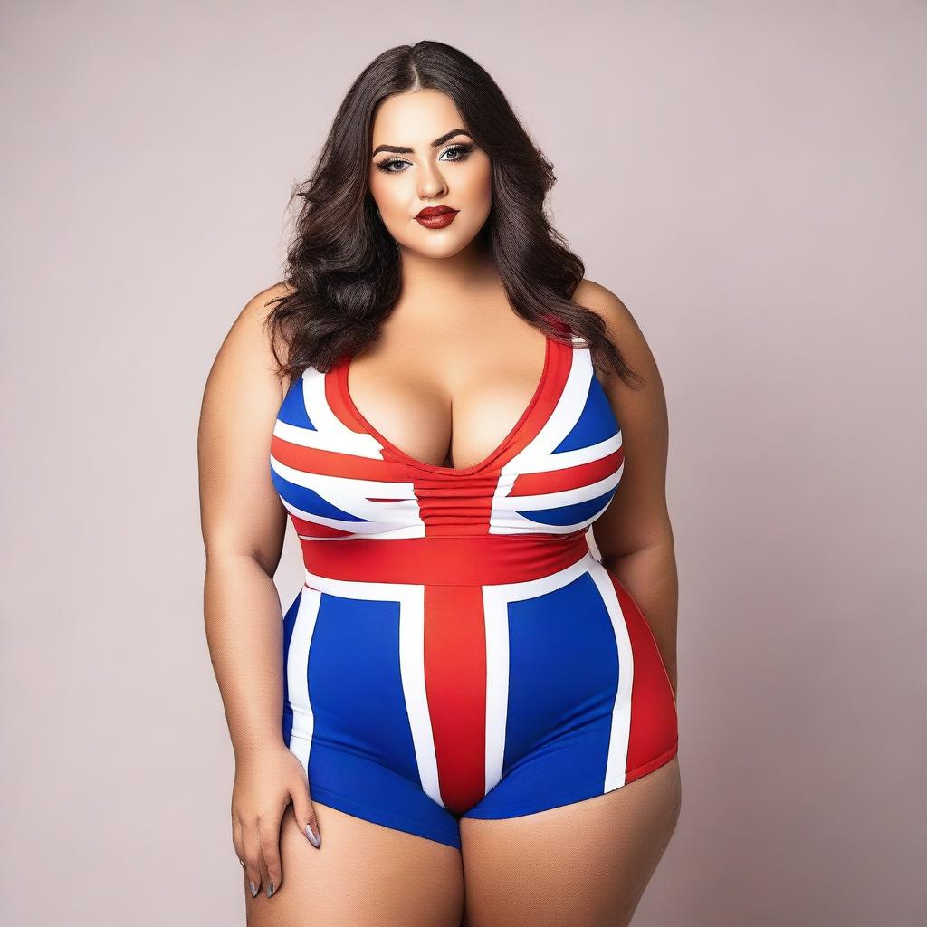 A confident and attractive model with a curvy figure, wearing an outfit inspired by the colors of the UK flag