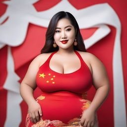 A confident and attractive model with a curvy figure, wearing an outfit inspired by the colors of the Chinese flag