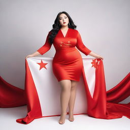 A confident and attractive model with a curvy figure, wearing an outfit inspired by the colors of the Chinese flag