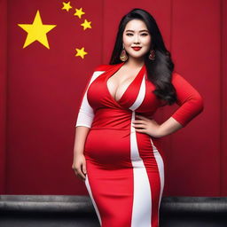 A confident and attractive model with a curvy figure, wearing an outfit inspired by the colors of the Chinese flag